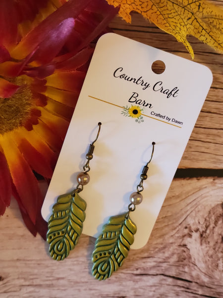 Golden Drift Feather -  Olive/Brass Country Craft Barn Earrings (E-462)
