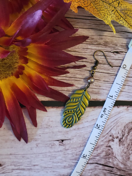 Golden Drift Feather -  Olive/Brass Country Craft Barn Earrings (E-462)