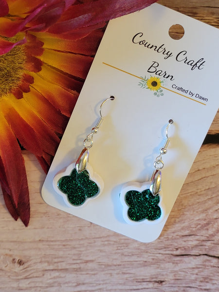 Emerald Glitter Pop -  Green/White Country Craft Barn Earrings (E-459)