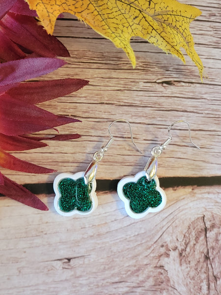 Emerald Glitter Pop -  Green/White Country Craft Barn Earrings (E-459)