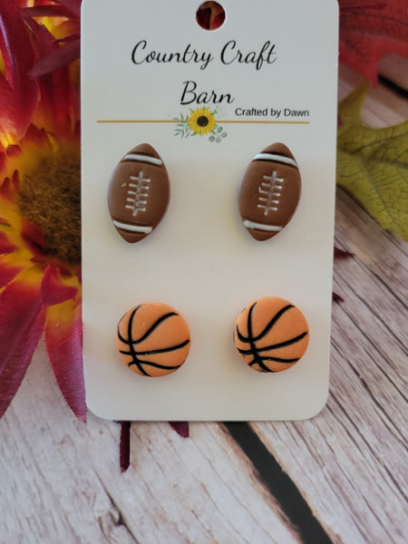 Game Day Duo Set – Football & Basketball Polymer Clay - Multi Country Craft Barn Stud Set Earrings (SS-008)