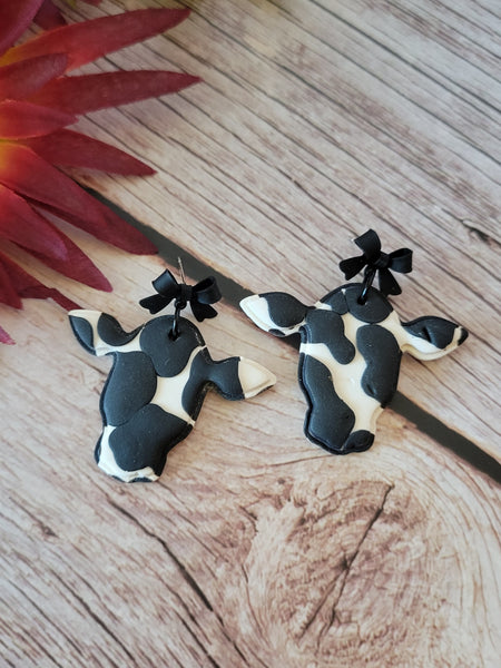 Holstein Sweethearts – Bow‑Tied Cow Country Craft Barn Earrings (E-099)
