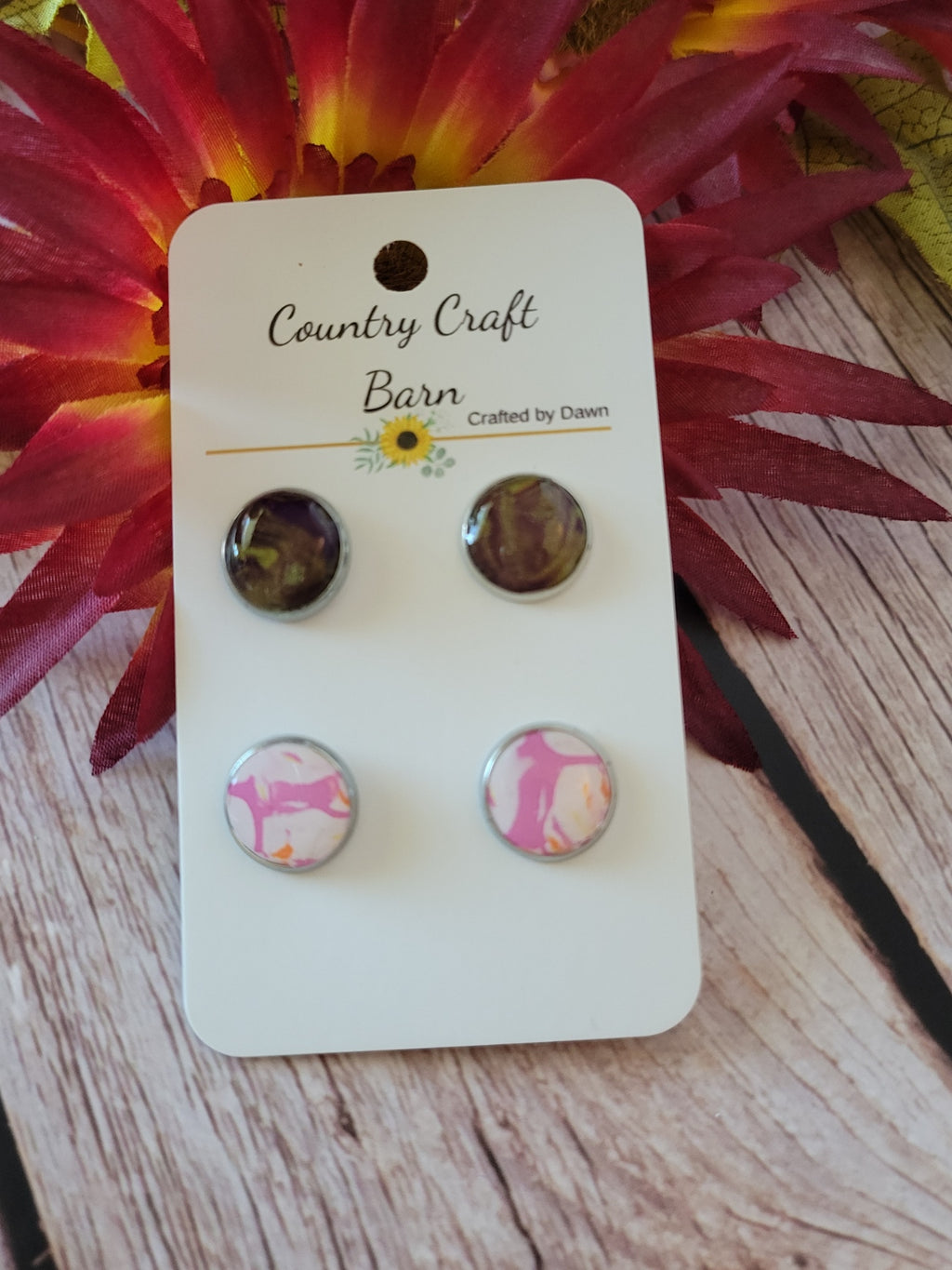 Enchanted Earth & Rose Cloud Duo – Polymer Clay - Multi Country Craft Barn Stud Set Earrings (SS-007)