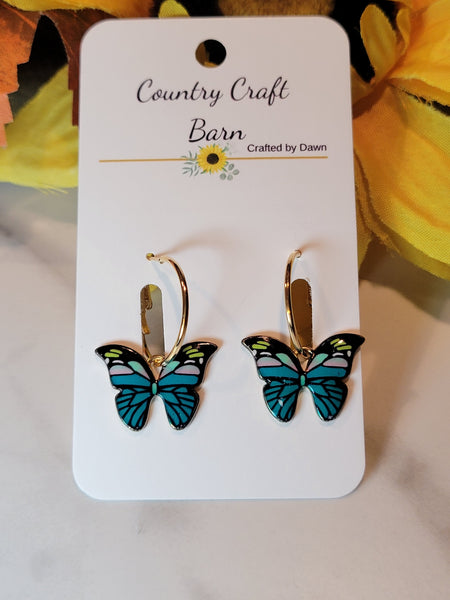 Dangling Butterfly - Turquoise Blue Country Craft Barn Earrings (E-488)