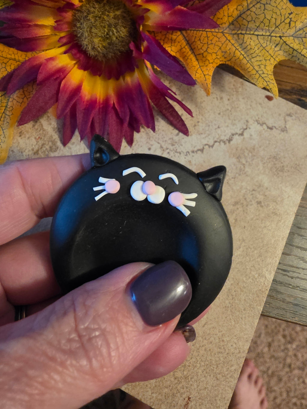 Midnight Whiskers - Black Polymer Clay Worry Stone - Country Craft Barn (WS-001)