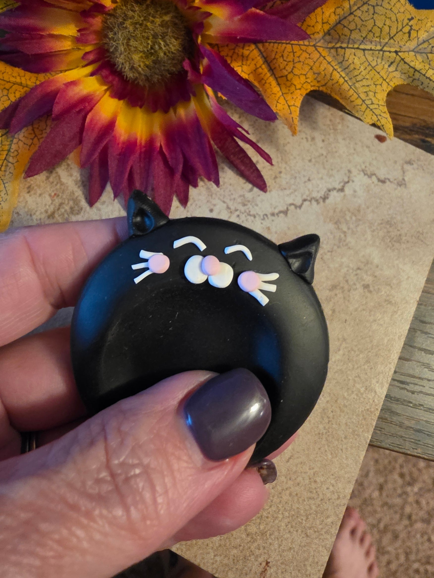 Midnight Whiskers - Black Polymer Clay Worry Stone - Country Craft Barn (WS-001)