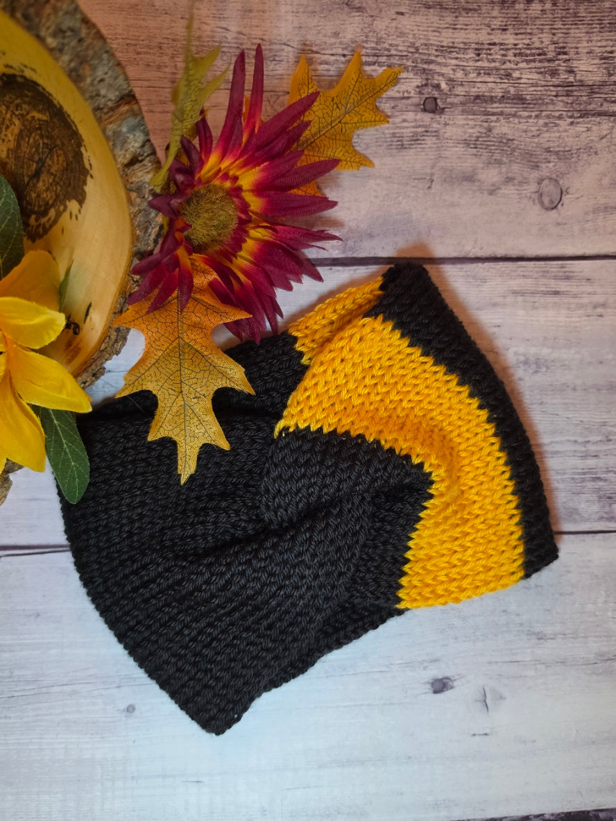 Team Spirit - Black/Gold Country Craft Barn Cross Knit Ear Warmer (HB-933)