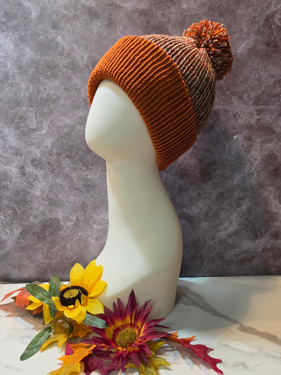 Pom Pom Hat - Spiced Wine/Burnt Pumpkin - Country Craft Barn Reversible Knit Hat - (KH-2033)