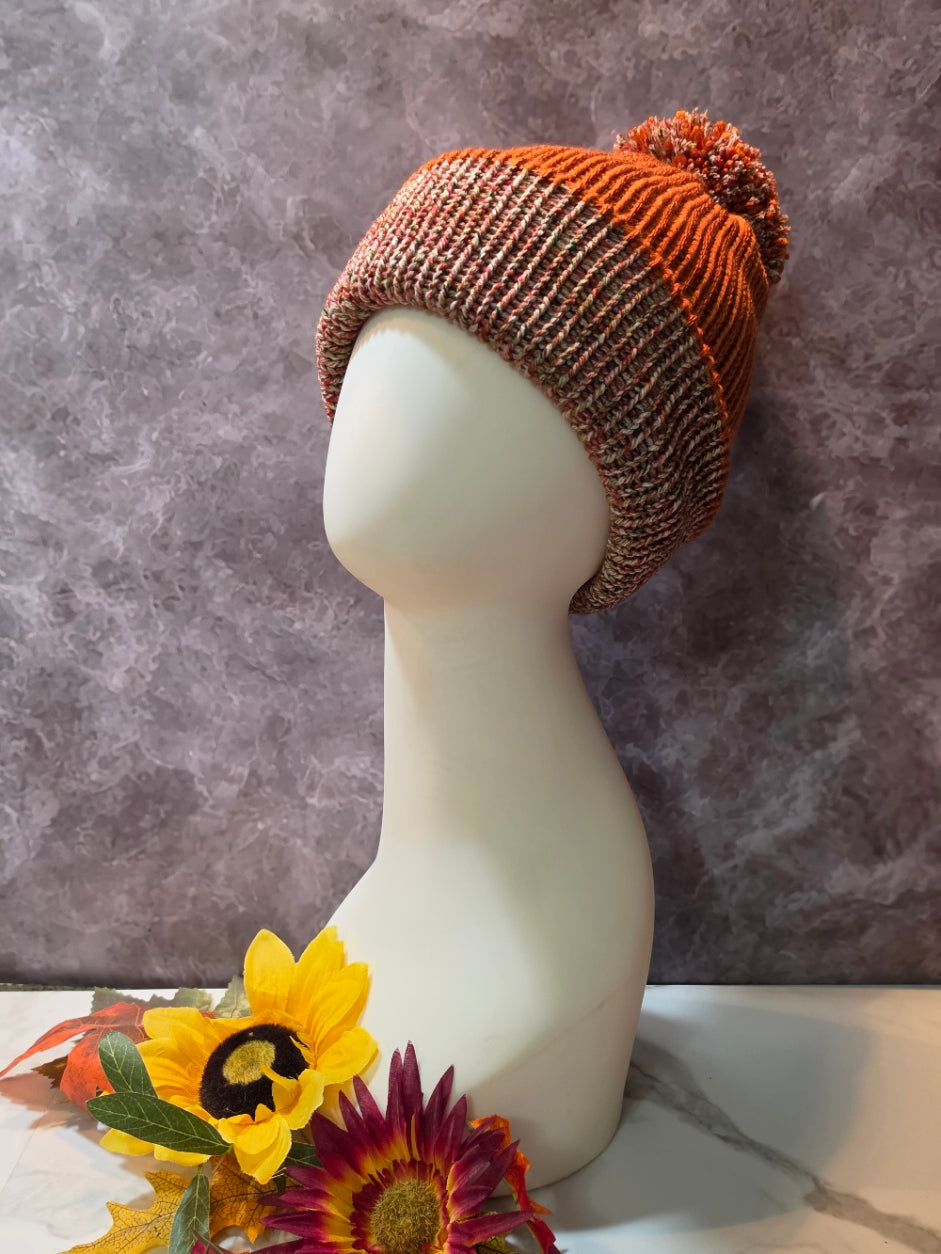 Pom Pom Hat - Spiced Wine/Burnt Pumpkin - Country Craft Barn Reversible Knit Hat - (KH-2033)