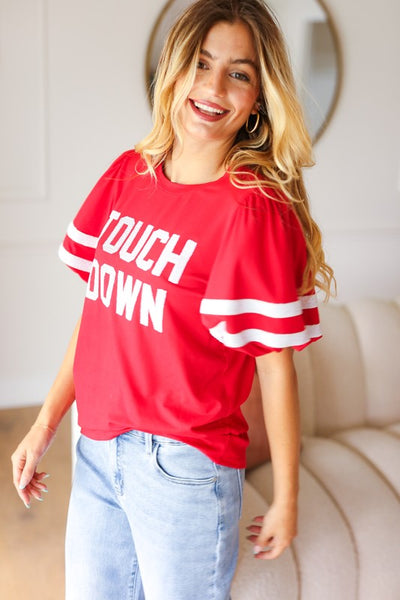 Stand Out Red "TOUCHDOWN" Sequin Bubble Sleeve Game Day Top