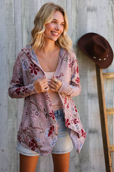Find Love Bronze Long Sleeve Floral Print Open Cardigan Hoodie
