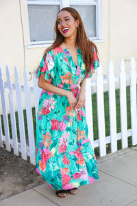 Hello Beautiful Multicolor Tropical Floral Smock Waist Maxi Dress