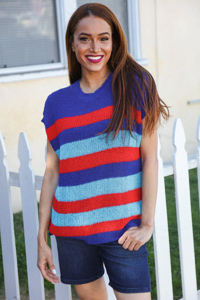 Forget Me Not Royal Blue Stripe Short Sleeve Dolman Sweater