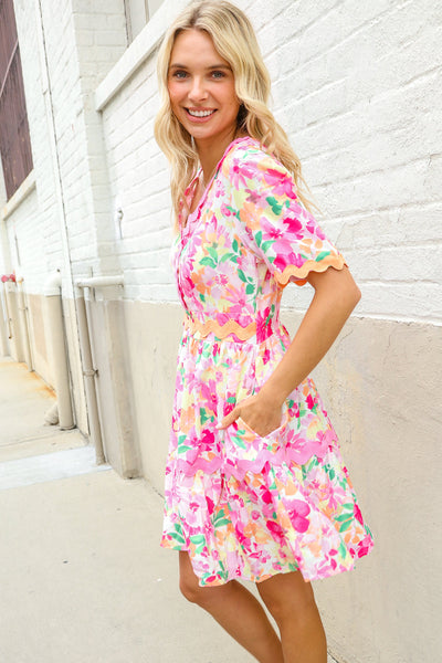 Beautiful You Rose Floral Print Ric Rack Trim Babydoll Dress