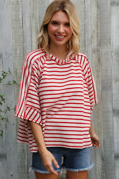 Casual Chic Cotton Red & Cream Stripe Raglan 3/4 Sleeve Pullover