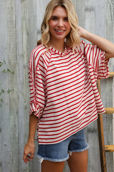Casual Chic Cotton Red & Cream Stripe Raglan 3/4 Sleeve Pullover