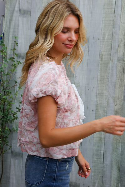 Feeling Femme' Blush Scoop Neck Floral Top w/Bow