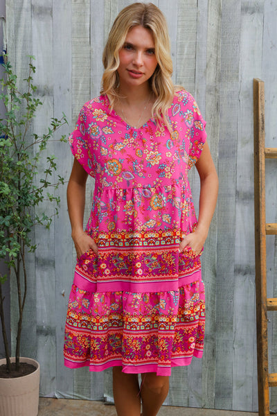Boho Love Fuchsia Floral Print V Neck Dolman Sleeve Dress