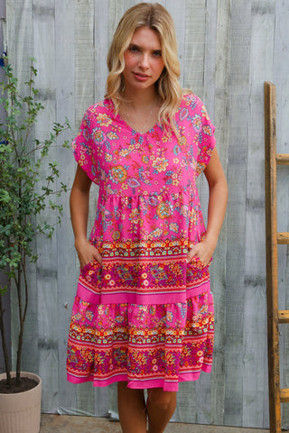 Boho Love Fuchsia Floral Print V Neck Dolman Sleeve Dress