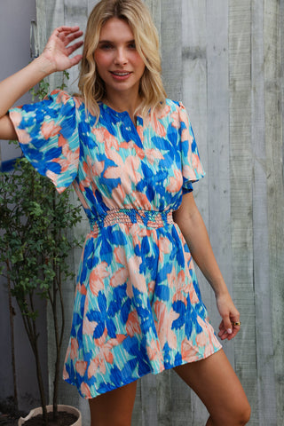 Feeling Bold Turquoise Floral Smocked Waist Flutter Sleeve Romper