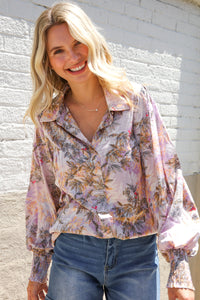 Diva Dreams Amaranth Floral Smocked Long Sleeve Notch Neck Blouse