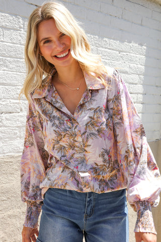 Diva Dreams Amaranth Floral Smocked Long Sleeve Notch Neck Blouse