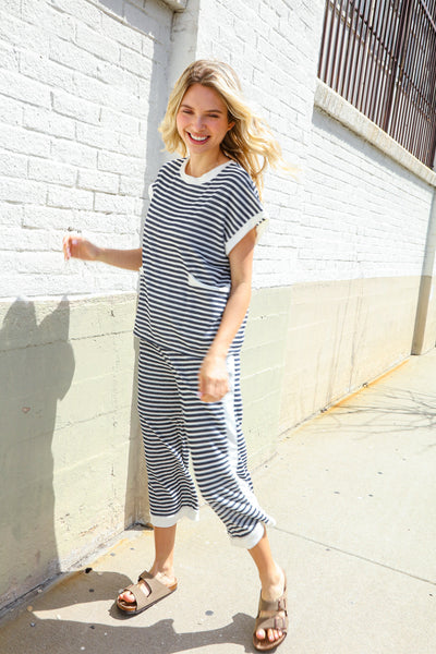 Casual Chic French Terry Black & White Stripe Track Pants