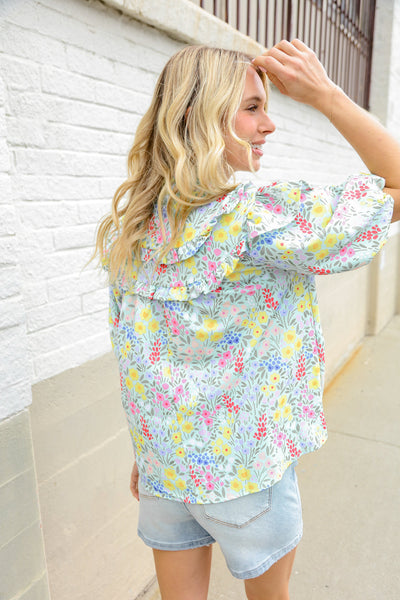 Spring Vibes Mint Notch Neck Ruffle & Puff Sleeve Top