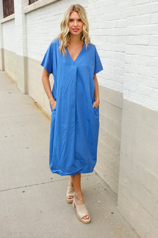 Casual Chic Blue Cotton V Neck Pocketed Midi Dress
