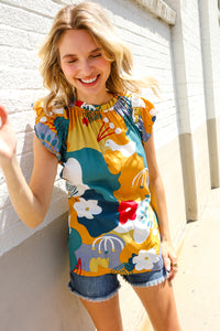 Be Bold Multicolor Abstract Print Flutter Sleeve Mock Neck Top