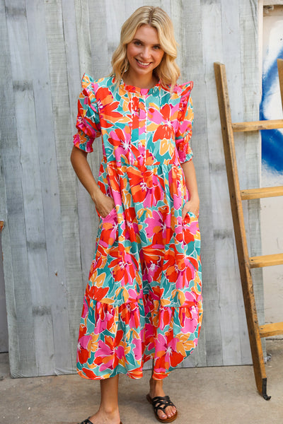 Dazzle In Orange & Aqua Floral Smocked Notched Neck Midi Dress