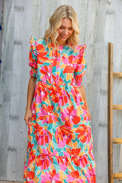 Dazzle In Orange & Aqua Floral Smocked Notched Neck Midi Dress