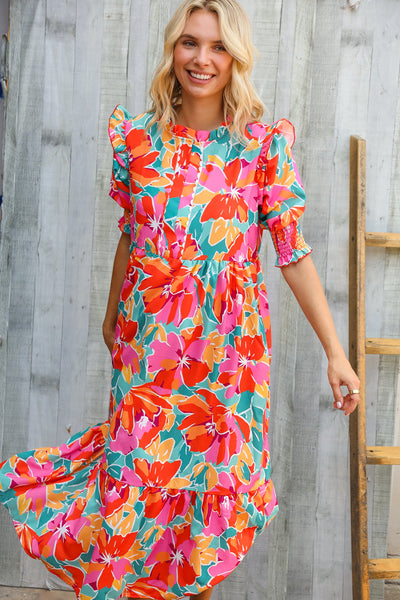 Dazzle In Orange & Aqua Floral Smocked Notched Neck Midi Dress
