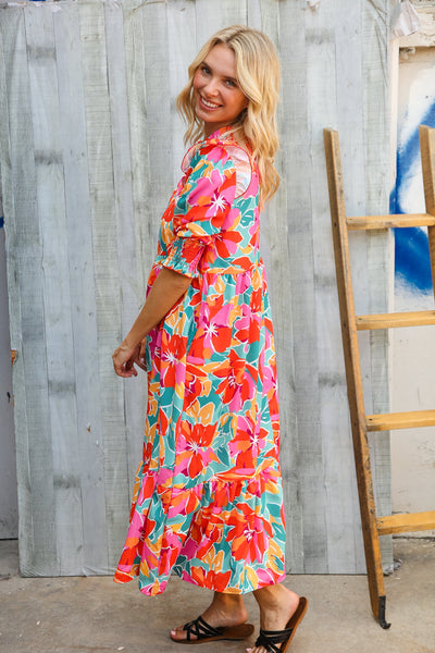 Dazzle In Orange & Aqua Floral Smocked Notched Neck Midi Dress