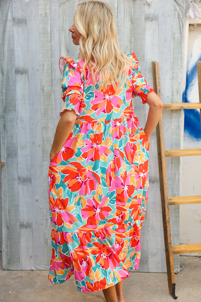 Dazzle In Orange & Aqua Floral Smocked Notched Neck Midi Dress