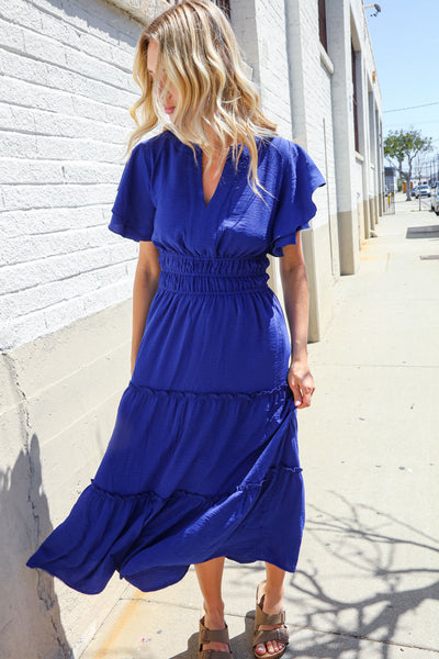 Lock Eyes Solid Blue Smocked Notched Neck Flutter Sleeve Maxi
