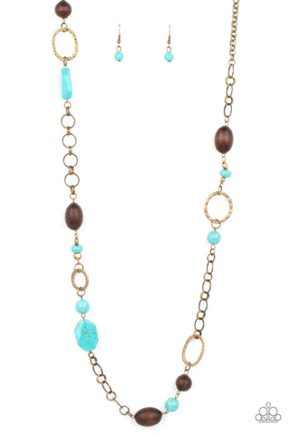 Prairie Reserve - Brass Turquoise Wooden Accent Necklace - Paparazzi (PZ-3661)