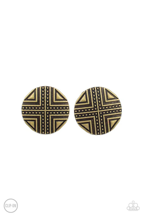 Shielded Shimmer - Brass Paparazzi Clip-On Earrings (PZ-3940)