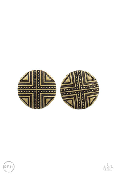 Shielded Shimmer - Brass Paparazzi Clip-On Earrings (PZ-2894)