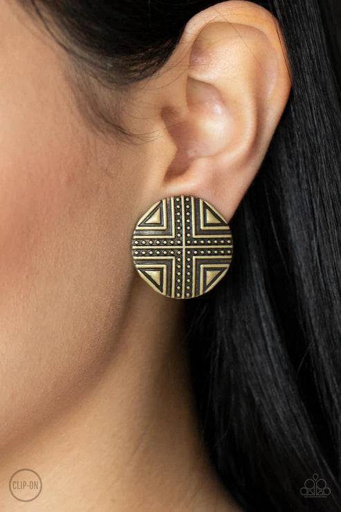 Shielded Shimmer - Brass Paparazzi Clip-On Earrings (PZ-3940)