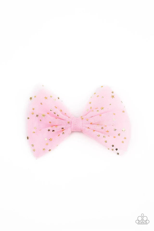 Twinkly Tulle - Pink Fabric Gold Star Hair Clip - Paparazzi (PZ-4439)