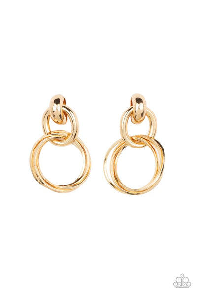 Dynamically Linked - Gold Paparazzi Post Earrings