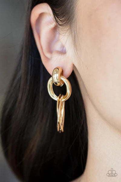 Dynamically Linked - Gold Paparazzi Post Earrings