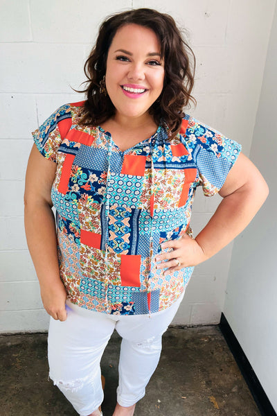 Blue & Orange Boho Patchwork Raglan Top