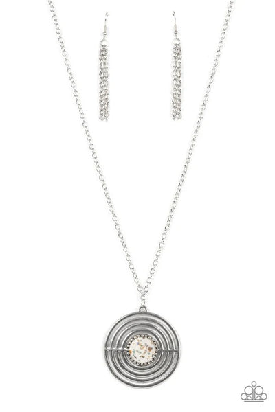 Targeted Tranquility - Paparazzi - White Multi Iridescent Flecks Circle Pendant Necklace (PZ-4700)