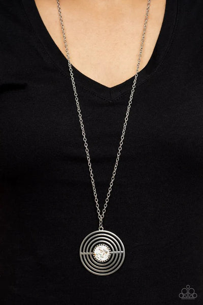 Targeted Tranquility - Paparazzi - White Multi Iridescent Flecks Circle Pendant Necklace (PZ-4700)