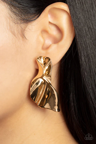 METAL-Physical Mood - Gold Paparazzi Earrings (PZ-5489)