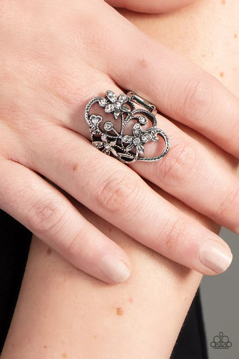 Flirtatiously Flowering - White Paparazzi Ring (T65)