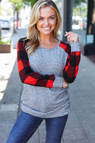 Adorable Red & Grey Striped Plaid Longline Raglan Top