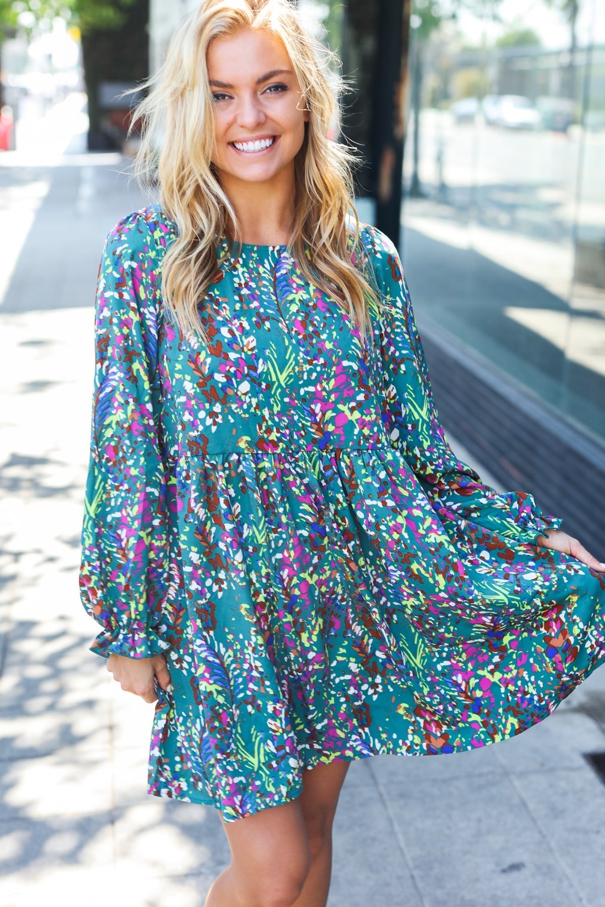 Spread Joy Hunter Green Floral Frill Sleeve Dress